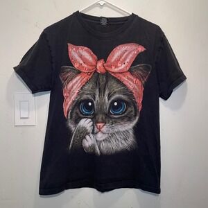 Rock Yeah Black Kitten Graphic Tee Pink Bandana Cat T-Shirt Medium